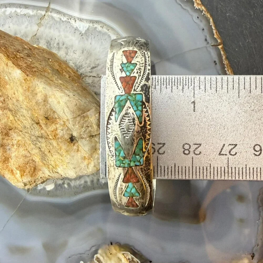 Vintage Native American Silver Turquoise & Coral Chip Inlay Bracelet For Women